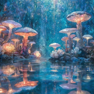 A vibrant and detailed fantasy photograph of an alien planet. Where every element appears meticulously crafted from iridescent stained glass. From a cave system, dominated by towering crystals, giant bioluminescent mushrooms, in all shapes and sizes, that glow in vibrant iridescent colors. A stream of iridescent blue water, flows down the center of the cave from a waterfall, off in the distance. The alien flora, vibrantly colored, attracting alien insects, like nothing you've ever seen. Glow worms hang down from the ceiling, emitting the entire spectrum of the rainbow in colors, they seem to dance and blend as if they are connected. Outside the cave system, the sky shimmers with a breathtaking aurora borealis that fills the sky, creating a cosmic spectacle of galaxies, nebulae, and radiant starlight, in this nighttime landscape.