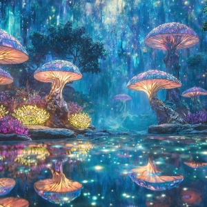 A vibrant and detailed fantasy photograph of an alien planet. Where every element appears meticulously crafted from iridescent stained glass. From a cave system, dominated by towering crystals, giant bioluminescent mushrooms, in all shapes and sizes, that glow in vibrant iridescent colors. A stream of iridescent blue water, flows down the center of the cave from a waterfall, off in the distance. The alien flora, vibrantly colored, attracting alien insects, like nothing you've ever seen. Glow worms hang down from the ceiling, emitting the entire spectrum of the rainbow in colors, they seem to dance and blend as if they are connected. Outside the cave system, the sky shimmers with a breathtaking aurora borealis that fills the sky, creating a cosmic spectacle of galaxies, nebulae, and radiant starlight, in this nighttime landscape.