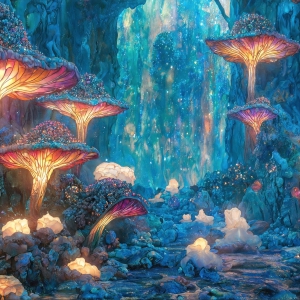 A vibrant and detailed fantasy photograph of an alien planet. Where every element appears meticulously crafted from iridescent stained glass. From a cave system, dominated by towering crystals, giant bioluminescent mushrooms, in all shapes and sizes, that glow in vibrant iridescent colors. A stream of iridescent blue water, flows down the center of the cave from a waterfall, off in the distance. The alien flora, vibrantly colored, attracting alien insects, like nothing you've ever seen. Glow worms hang down from the ceiling, emitting the entire spectrum of the rainbow in colors, they seem to dance and blend as if they are connected. Outside the cave system, the sky shimmers with a breathtaking aurora borealis that fills the sky, creating a cosmic spectacle of galaxies, nebulae, and radiant starlight, in this nighttime landscape.