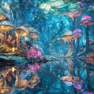 A vibrant and detailed fantasy photograph of an alien planet. Where every element appears meticulously crafted from iridescent stained glass. From a cave system, dominated by towering crystals, giant bioluminescent mushrooms, in all shapes and sizes, that glow in vibrant iridescent colors. A stream of iridescent blue water, flows down the center of the cave from a waterfall, off in the distance. The alien flora, vibrantly colored, attracting alien insects, like nothing you've ever seen. Glow worms hang down from the ceiling, emitting the entire spectrum of the rainbow in colors, they seem to dance and blend as if they are connected. Outside the cave system, the sky shimmers with a breathtaking aurora borealis that fills the sky, creating a cosmic spectacle of galaxies, nebulae, and radiant starlight, in this nighttime landscape.