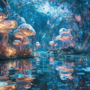 A vibrant and detailed fantasy photograph of an alien planet. Where every element appears meticulously crafted from iridescent stained glass. From a cave system, dominated by towering crystals, giant bioluminescent mushrooms, in all shapes and sizes, that glow in vibrant iridescent colors. A stream of iridescent blue water, flows down the center of the cave from a waterfall, off in the distance. The alien flora, vibrantly colored, attracting alien insects, like nothing you've ever seen. Glow worms hang down from the ceiling, emitting the entire spectrum of the rainbow in colors, they seem to dance and blend as if they are connected. Outside the cave system, the sky shimmers with a breathtaking aurora borealis that fills the sky, creating a cosmic spectacle of galaxies, nebulae, and radiant starlight, in this nighttime landscape.