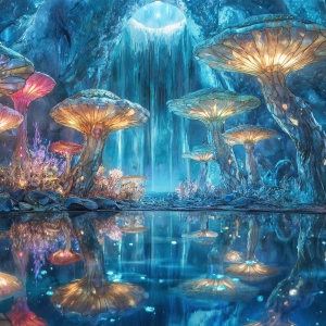 A vibrant and detailed fantasy photograph of an alien planet. Where every element appears meticulously crafted from iridescent stained glass. From a cave system, dominated by towering crystals, giant bioluminescent mushrooms, in all shapes and sizes, that glow in vibrant iridescent colors. A stream of iridescent blue water, flows down the center of the cave from a waterfall, off in the distance. The alien flora, vibrantly colored, attracting alien insects, like nothing you've ever seen. Glow worms hang down from the ceiling, emitting the entire spectrum of the rainbow in colors, they seem to dance and blend as if they are connected. Outside the cave system, the sky shimmers with a breathtaking aurora borealis that fills the sky, creating a cosmic spectacle of galaxies, nebulae, and radiant starlight, in this nighttime landscape.
