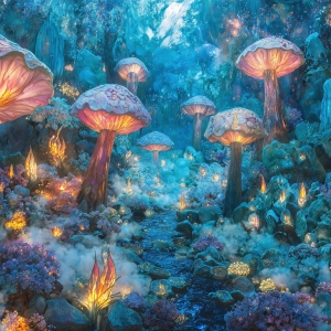 A vibrant and detailed fantasy photograph of an alien planet. Where every element appears meticulously crafted from iridescent stained glass. From a cave system, dominated by towering crystals, giant bioluminescent mushrooms, in all shapes and sizes, that glow in vibrant iridescent colors. A stream of iridescent blue water, flows down the center of the cave from a waterfall, off in the distance. The alien flora, vibrantly colored, attracting alien insects, like nothing you've ever seen. Glow worms hang down from the ceiling, emitting the entire spectrum of the rainbow in colors, they seem to dance and blend as if they are connected. Outside the cave system, the sky shimmers with a breathtaking aurora borealis that fills the sky, creating a cosmic spectacle of galaxies, nebulae, and radiant starlight, in this nighttime landscape.