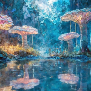 A vibrant and detailed fantasy photograph of an alien planet. Where every element appears meticulously crafted from iridescent stained glass. From a cave system, dominated by towering crystals, giant bioluminescent mushrooms, in all shapes and sizes, that glow in vibrant iridescent colors. A stream of iridescent blue water, flows down the center of the cave from a waterfall, off in the distance. The alien flora, vibrantly colored, attracting alien insects, like nothing you've ever seen. Glow worms hang down from the ceiling, emitting the entire spectrum of the rainbow in colors, they seem to dance and blend as if they are connected. Outside the cave system, the sky shimmers with a breathtaking aurora borealis that fills the sky, creating a cosmic spectacle of galaxies, nebulae, and radiant starlight, in this nighttime landscape.