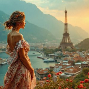 A collection of pictures of beautiful women from various locations around the world. This collection of images was created using AI and includes a mixture of real world locations, as well as fantasy settings. The image prompt was wrote to the make the background a high priority along with the model in the photograph.