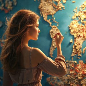 A collection of pictures of beautiful women from various locations around the world. This collection of images was created using AI and includes a mixture of real world locations, as well as fantasy settings. The image prompt was wrote to the make the background a high priority along with the model in the photograph.