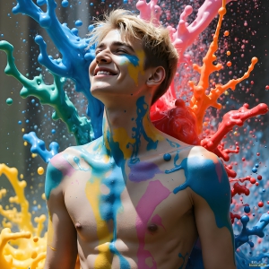 Paint Splat Fun - AI Photos of Hot men having fun with body paint. AI-generated abstract art featuring beautiful, handsome, sexy, shirtless, men, boys, lads, full of excitement joy and fun, covered in body paint, dynamic, interactive, Combining elements of realism with surreal abstract qualities, showcasing the potential of AI, in artistic expression. Photos of guys, just smiling, happy, and having a good time. Most of them are smiling because a paint bomb just blow up next to them, so I'm calling is Abstract Art. When paint attacks and makes people happy, it's Art!