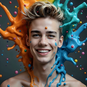 Paint Splat Fun - AI Photos of Hot men having fun with body paint. AI-generated abstract art featuring beautiful, handsome, sexy, shirtless, men, boys, lads, full of excitement joy and fun, covered in body paint, dynamic, interactive, Combining elements of realism with surreal abstract qualities, showcasing the potential of AI, in artistic expression. Photos of guys, just smiling, happy, and having a good time. Most of them are smiling because a paint bomb just blow up next to them, so I'm calling is Abstract Art. When paint attacks and makes people happy, it's Art!