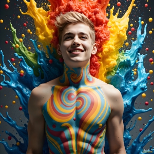 Paint Splat Fun - AI Photos of Hot men having fun with body paint. AI-generated abstract art featuring beautiful, handsome, sexy, shirtless, men, boys, lads, full of excitement joy and fun, covered in body paint, dynamic, interactive, Combining elements of realism with surreal abstract qualities, showcasing the potential of AI, in artistic expression. Photos of guys, just smiling, happy, and having a good time. Most of them are smiling because a paint bomb just blow up next to them, so I'm calling is Abstract Art. When paint attacks and makes people happy, it's Art!