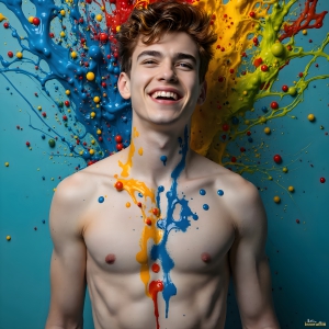 Paint Splat Fun - AI Photos of Hot men having fun with body paint. AI-generated abstract art featuring beautiful, handsome, sexy, shirtless, men, boys, lads, full of excitement joy and fun, covered in body paint, dynamic, interactive, Combining elements of realism with surreal abstract qualities, showcasing the potential of AI, in artistic expression. Photos of guys, just smiling, happy, and having a good time. Most of them are smiling because a paint bomb just blow up next to them, so I'm calling is Abstract Art. When paint attacks and makes people happy, it's Art!