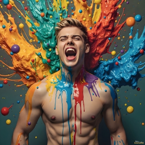 Paint Splat Fun - AI Photos of Hot men having fun with body paint. AI-generated abstract art featuring beautiful, handsome, sexy, shirtless, men, boys, lads, full of excitement joy and fun, covered in body paint, dynamic, interactive, Combining elements of realism with surreal abstract qualities, showcasing the potential of AI, in artistic expression. Photos of guys, just smiling, happy, and having a good time. Most of them are smiling because a paint bomb just blow up next to them, so I'm calling is Abstract Art. When paint attacks and makes people happy, it's Art!