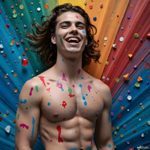 Paint Splat Fun - AI Photos of Hot men having fun with body paint. AI-generated abstract art featuring beautiful, handsome, sexy, shirtless, men, boys, lads, full of excitement joy and fun, covered in body paint, dynamic, interactive, Combining elements of realism with surreal abstract qualities, showcasing the potential of AI, in artistic expression. Photos of guys, just smiling, happy, and having a good time. Most of them are smiling because a paint bomb just blow up next to them, so I'm calling is Abstract Art. When paint attacks and makes people happy, it's Art!
