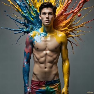 Paint Splat Fun - AI Photos of Hot men having fun with body paint. AI-generated abstract art featuring beautiful, handsome, sexy, shirtless, men, boys, lads, full of excitement joy and fun, covered in body paint, dynamic, interactive, Combining elements of realism with surreal abstract qualities, showcasing the potential of AI, in artistic expression. Photos of guys, just smiling, happy, and having a good time. Most of them are smiling because a paint bomb just blow up next to them, so I'm calling is Abstract Art. When paint attacks and makes people happy, it's Art!