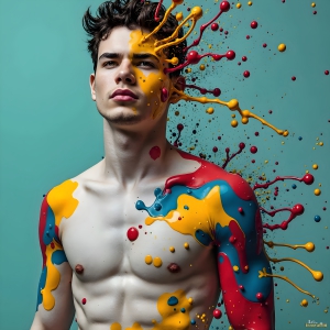Paint Splat Fun - AI Photos of Hot men having fun with body paint. AI-generated abstract art featuring beautiful, handsome, sexy, shirtless, men, boys, lads, full of excitement joy and fun, covered in body paint, dynamic, interactive, Combining elements of realism with surreal abstract qualities, showcasing the potential of AI, in artistic expression. Photos of guys, just smiling, happy, and having a good time. Most of them are smiling because a paint bomb just blow up next to them, so I'm calling is Abstract Art. When paint attacks and makes people happy, it's Art!