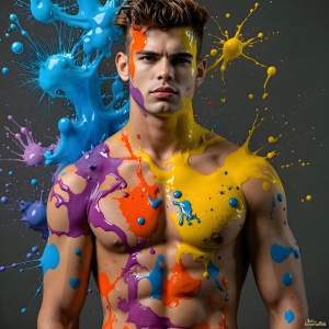 Paint Splat Fun - AI Photos of Hot men having fun with body paint. AI-generated abstract art featuring beautiful, handsome, sexy, shirtless, men, boys, lads, full of excitement joy and fun, covered in body paint, dynamic, interactive, Combining elements of realism with surreal abstract qualities, showcasing the potential of AI, in artistic expression. Photos of guys, just smiling, happy, and having a good time. Most of them are smiling because a paint bomb just blow up next to them, so I'm calling is Abstract Art. When paint attacks and makes people happy, it's Art!