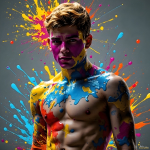 Paint Splat Fun - AI Photos of Hot men having fun with body paint. AI-generated abstract art featuring beautiful, handsome, sexy, shirtless, men, boys, lads, full of excitement joy and fun, covered in body paint, dynamic, interactive, Combining elements of realism with surreal abstract qualities, showcasing the potential of AI, in artistic expression. Photos of guys, just smiling, happy, and having a good time. Most of them are smiling because a paint bomb just blow up next to them, so I'm calling is Abstract Art. When paint attacks and makes people happy, it's Art!