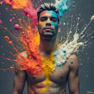 Paint Splat Fun - AI Photos of Hot men having fun with body paint. AI-generated abstract art featuring beautiful, handsome, sexy, shirtless, men, boys, lads, full of excitement joy and fun, covered in body paint, dynamic, interactive, Combining elements of realism with surreal abstract qualities, showcasing the potential of AI, in artistic expression. Photos of guys, just smiling, happy, and having a good time. Most of them are smiling because a paint bomb just blow up next to them, so I'm calling is Abstract Art. When paint attacks and makes people happy, it's Art!