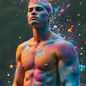 Paint Splat Fun - AI Photos of Hot men having fun with body paint. AI-generated abstract art featuring beautiful, handsome, sexy, shirtless, men, boys, lads, full of excitement joy and fun, covered in body paint, dynamic, interactive, Combining elements of realism with surreal abstract qualities, showcasing the potential of AI, in artistic expression. Photos of guys, just smiling, happy, and having a good time. Most of them are smiling because a paint bomb just blow up next to them, so I'm calling is Abstract Art. When paint attacks and makes people happy, it's Art!