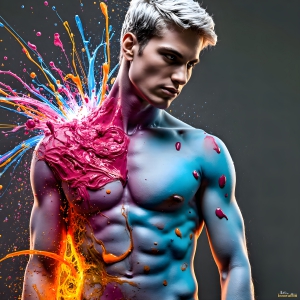 Paint Splat Fun - AI Photos of Hot men having fun with body paint. AI-generated abstract art featuring beautiful, handsome, sexy, shirtless, men, boys, lads, full of excitement joy and fun, covered in body paint, dynamic, interactive, Combining elements of realism with surreal abstract qualities, showcasing the potential of AI, in artistic expression. Photos of guys, just smiling, happy, and having a good time. Most of them are smiling because a paint bomb just blow up next to them, so I'm calling is Abstract Art. When paint attacks and makes people happy, it's Art!