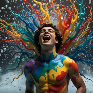 Paint Splat Fun - AI Photos of Hot men having fun with body paint. AI-generated abstract art featuring beautiful, handsome, sexy, shirtless, men, boys, lads, full of excitement joy and fun, covered in body paint, dynamic, interactive, Combining elements of realism with surreal abstract qualities, showcasing the potential of AI, in artistic expression. Photos of guys, just smiling, happy, and having a good time. Most of them are smiling because a paint bomb just blow up next to them, so I'm calling is Abstract Art. When paint attacks and makes people happy, it's Art!