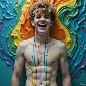Paint Splat Fun - AI Photos of Hot men having fun with body paint. AI-generated abstract art featuring beautiful, handsome, sexy, shirtless, men, boys, lads, full of excitement joy and fun, covered in body paint, dynamic, interactive, Combining elements of realism with surreal abstract qualities, showcasing the potential of AI, in artistic expression. Photos of guys, just smiling, happy, and having a good time. Most of them are smiling because a paint bomb just blow up next to them, so I'm calling is Abstract Art. When paint attacks and makes people happy, it's Art!