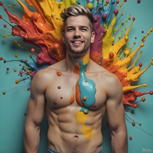 Paint Splat Fun - AI Photos of Hot men having fun with body paint. AI-generated abstract art featuring beautiful, handsome, sexy, shirtless, men, boys, lads, full of excitement joy and fun, covered in body paint, dynamic, interactive, Combining elements of realism with surreal abstract qualities, showcasing the potential of AI, in artistic expression. Photos of guys, just smiling, happy, and having a good time. Most of them are smiling because a paint bomb just blow up next to them, so I'm calling is Abstract Art. When paint attacks and makes people happy, it's Art!