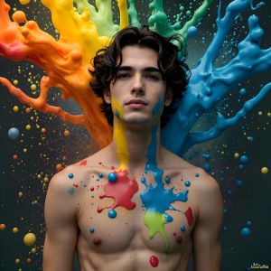 Paint Splat Fun - AI Photos of Hot men having fun with body paint. AI-generated abstract art featuring beautiful, handsome, sexy, shirtless, men, boys, lads, full of excitement joy and fun, covered in body paint, dynamic, interactive, Combining elements of realism with surreal abstract qualities, showcasing the potential of AI, in artistic expression. Photos of guys, just smiling, happy, and having a good time. Most of them are smiling because a paint bomb just blow up next to them, so I'm calling is Abstract Art. When paint attacks and makes people happy, it's Art!