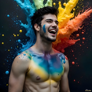 Paint Splat Fun - AI Photos of Hot men having fun with body paint. AI-generated abstract art featuring beautiful, handsome, sexy, shirtless, men, boys, lads, full of excitement joy and fun, covered in body paint, dynamic, interactive, Combining elements of realism with surreal abstract qualities, showcasing the potential of AI, in artistic expression. Photos of guys, just smiling, happy, and having a good time. Most of them are smiling because a paint bomb just blow up next to them, so I'm calling is Abstract Art. When paint attacks and makes people happy, it's Art!