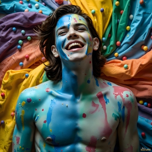 Paint Splat Fun - AI Photos of Hot men having fun with body paint. AI-generated abstract art featuring beautiful, handsome, sexy, shirtless, men, boys, lads, full of excitement joy and fun, covered in body paint, dynamic, interactive, Combining elements of realism with surreal abstract qualities, showcasing the potential of AI, in artistic expression. Photos of guys, just smiling, happy, and having a good time. Most of them are smiling because a paint bomb just blow up next to them, so I'm calling is Abstract Art. When paint attacks and makes people happy, it's Art!