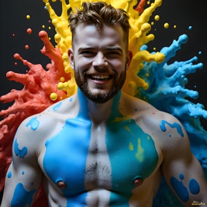 Paint Splat Fun - AI Photos of Hot men having fun with body paint. AI-generated abstract art featuring beautiful, handsome, sexy, shirtless, men, boys, lads, full of excitement joy and fun, covered in body paint, dynamic, interactive, Combining elements of realism with surreal abstract qualities, showcasing the potential of AI, in artistic expression. Photos of guys, just smiling, happy, and having a good time. Most of them are smiling because a paint bomb just blow up next to them, so I'm calling is Abstract Art. When paint attacks and makes people happy, it's Art!