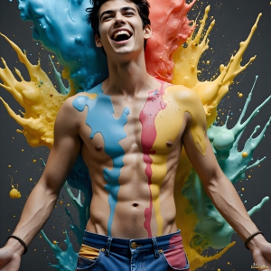 Paint Splat Fun - AI Photos of Hot men having fun with body paint. AI-generated abstract art featuring beautiful, handsome, sexy, shirtless, men, boys, lads, full of excitement joy and fun, covered in body paint, dynamic, interactive, Combining elements of realism with surreal abstract qualities, showcasing the potential of AI, in artistic expression. Photos of guys, just smiling, happy, and having a good time. Most of them are smiling because a paint bomb just blow up next to them, so I'm calling is Abstract Art. When paint attacks and makes people happy, it's Art!