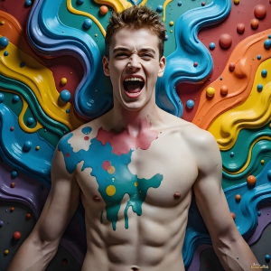 Paint Splat Fun - AI Photos of Hot men having fun with body paint. AI-generated abstract art featuring beautiful, handsome, sexy, shirtless, men, boys, lads, full of excitement joy and fun, covered in body paint, dynamic, interactive, Combining elements of realism with surreal abstract qualities, showcasing the potential of AI, in artistic expression. Photos of guys, just smiling, happy, and having a good time. Most of them are smiling because a paint bomb just blow up next to them, so I'm calling is Abstract Art. When paint attacks and makes people happy, it's Art!