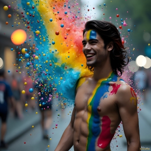 Paint Splat Fun - AI Photos of Hot men having fun with body paint. AI-generated abstract art featuring beautiful, handsome, sexy, shirtless, men, boys, lads, full of excitement joy and fun, covered in body paint, dynamic, interactive, Combining elements of realism with surreal abstract qualities, showcasing the potential of AI, in artistic expression. Photos of guys, just smiling, happy, and having a good time. Most of them are smiling because a paint bomb just blow up next to them, so I'm calling is Abstract Art. When paint attacks and makes people happy, it's Art!