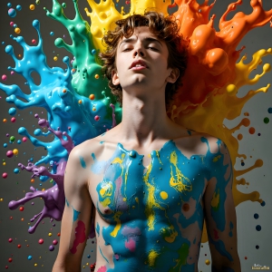Paint Splat Fun - AI Photos of Hot men having fun with body paint. AI-generated abstract art featuring beautiful, handsome, sexy, shirtless, men, boys, lads, full of excitement joy and fun, covered in body paint, dynamic, interactive, Combining elements of realism with surreal abstract qualities, showcasing the potential of AI, in artistic expression. Photos of guys, just smiling, happy, and having a good time. Most of them are smiling because a paint bomb just blow up next to them, so I'm calling is Abstract Art. When paint attacks and makes people happy, it's Art!