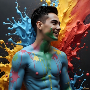 Paint Splat Fun - AI Photos of Hot men having fun with body paint. AI-generated abstract art featuring beautiful, handsome, sexy, shirtless, men, boys, lads, full of excitement joy and fun, covered in body paint, dynamic, interactive, Combining elements of realism with surreal abstract qualities, showcasing the potential of AI, in artistic expression. Photos of guys, just smiling, happy, and having a good time. Most of them are smiling because a paint bomb just blow up next to them, so I'm calling is Abstract Art. When paint attacks and makes people happy, it's Art!