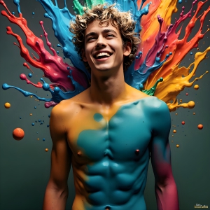 Paint Splat Fun - AI Photos of Hot men having fun with body paint. AI-generated abstract art featuring beautiful, handsome, sexy, shirtless, men, boys, lads, full of excitement joy and fun, covered in body paint, dynamic, interactive, Combining elements of realism with surreal abstract qualities, showcasing the potential of AI, in artistic expression. Photos of guys, just smiling, happy, and having a good time. Most of them are smiling because a paint bomb just blow up next to them, so I'm calling is Abstract Art. When paint attacks and makes people happy, it's Art!