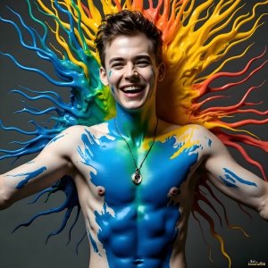 Paint Splat Fun - AI Photos of Hot men having fun with body paint. AI-generated abstract art featuring beautiful, handsome, sexy, shirtless, men, boys, lads, full of excitement joy and fun, covered in body paint, dynamic, interactive, Combining elements of realism with surreal abstract qualities, showcasing the potential of AI, in artistic expression. Photos of guys, just smiling, happy, and having a good time. Most of them are smiling because a paint bomb just blow up next to them, so I'm calling is Abstract Art. When paint attacks and makes people happy, it's Art!
