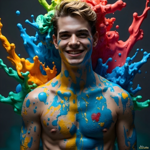 Paint Splat Fun - AI Photos of Hot men having fun with body paint. AI-generated abstract art featuring beautiful, handsome, sexy, shirtless, men, boys, lads, full of excitement joy and fun, covered in body paint, dynamic, interactive, Combining elements of realism with surreal abstract qualities, showcasing the potential of AI, in artistic expression. Photos of guys, just smiling, happy, and having a good time. Most of them are smiling because a paint bomb just blow up next to them, so I'm calling is Abstract Art. When paint attacks and makes people happy, it's Art!
