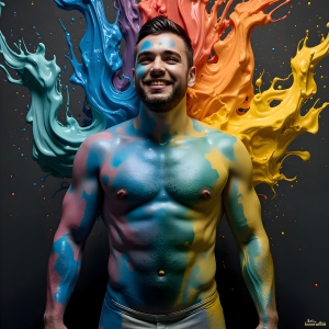 Paint Splat Fun - AI Photos of Hot men having fun with body paint. AI-generated abstract art featuring beautiful, handsome, sexy, shirtless, men, boys, lads, full of excitement joy and fun, covered in body paint, dynamic, interactive, Combining elements of realism with surreal abstract qualities, showcasing the potential of AI, in artistic expression. Photos of guys, just smiling, happy, and having a good time. Most of them are smiling because a paint bomb just blow up next to them, so I'm calling is Abstract Art. When paint attacks and makes people happy, it's Art!