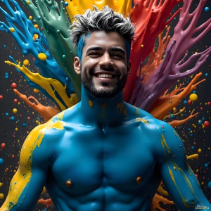 Paint Splat Fun - AI Photos of Hot men having fun with body paint. AI-generated abstract art featuring beautiful, handsome, sexy, shirtless, men, boys, lads, full of excitement joy and fun, covered in body paint, dynamic, interactive, Combining elements of realism with surreal abstract qualities, showcasing the potential of AI, in artistic expression. Photos of guys, just smiling, happy, and having a good time. Most of them are smiling because a paint bomb just blow up next to them, so I'm calling is Abstract Art. When paint attacks and makes people happy, it's Art!