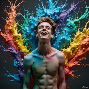 Paint Splat Fun - AI Photos of Hot men having fun with body paint. AI-generated abstract art featuring beautiful, handsome, sexy, shirtless, men, boys, lads, full of excitement joy and fun, covered in body paint, dynamic, interactive, Combining elements of realism with surreal abstract qualities, showcasing the potential of AI, in artistic expression. Photos of guys, just smiling, happy, and having a good time. Most of them are smiling because a paint bomb just blow up next to them, so I'm calling is Abstract Art. When paint attacks and makes people happy, it's Art!