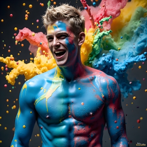 Paint Splat Fun - AI Photos of Hot men having fun with body paint. AI-generated abstract art featuring beautiful, handsome, sexy, shirtless, men, boys, lads, full of excitement joy and fun, covered in body paint, dynamic, interactive, Combining elements of realism with surreal abstract qualities, showcasing the potential of AI, in artistic expression. Photos of guys, just smiling, happy, and having a good time. Most of them are smiling because a paint bomb just blow up next to them, so I'm calling is Abstract Art. When paint attacks and makes people happy, it's Art!