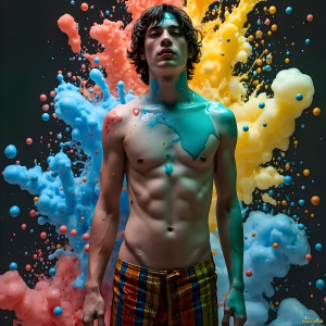 Paint Splat Fun - AI Photos of Hot men having fun with body paint. AI-generated abstract art featuring beautiful, handsome, sexy, shirtless, men, boys, lads, full of excitement joy and fun, covered in body paint, dynamic, interactive, Combining elements of realism with surreal abstract qualities, showcasing the potential of AI, in artistic expression. Photos of guys, just smiling, happy, and having a good time. Most of them are smiling because a paint bomb just blow up next to them, so I'm calling is Abstract Art. When paint attacks and makes people happy, it's Art!