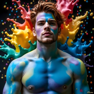 Paint Splat Fun - AI Photos of Hot men having fun with body paint. AI-generated abstract art featuring beautiful, handsome, sexy, shirtless, men, boys, lads, full of excitement joy and fun, covered in body paint, dynamic, interactive, Combining elements of realism with surreal abstract qualities, showcasing the potential of AI, in artistic expression. Photos of guys, just smiling, happy, and having a good time. Most of them are smiling because a paint bomb just blow up next to them, so I'm calling is Abstract Art. When paint attacks and makes people happy, it's Art!