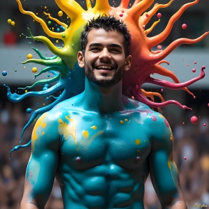Paint Splat Fun - AI Photos of Hot men having fun with body paint. AI-generated abstract art featuring beautiful, handsome, sexy, shirtless, men, boys, lads, full of excitement joy and fun, covered in body paint, dynamic, interactive, Combining elements of realism with surreal abstract qualities, showcasing the potential of AI, in artistic expression. Photos of guys, just smiling, happy, and having a good time. Most of them are smiling because a paint bomb just blow up next to them, so I'm calling is Abstract Art. When paint attacks and makes people happy, it's Art!