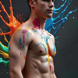 Paint Splat Fun - AI Photos of Hot men having fun with body paint. AI-generated abstract art featuring beautiful, handsome, sexy, shirtless, men, boys, lads, full of excitement joy and fun, covered in body paint, dynamic, interactive, Combining elements of realism with surreal abstract qualities, showcasing the potential of AI, in artistic expression. Photos of guys, just smiling, happy, and having a good time. Most of them are smiling because a paint bomb just blow up next to them, so I'm calling is Abstract Art. When paint attacks and makes people happy, it's Art!