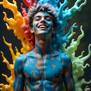 Paint Splat Fun - AI Photos of Hot men having fun with body paint. AI-generated abstract art featuring beautiful, handsome, sexy, shirtless, men, boys, lads, full of excitement joy and fun, covered in body paint, dynamic, interactive, Combining elements of realism with surreal abstract qualities, showcasing the potential of AI, in artistic expression. Photos of guys, just smiling, happy, and having a good time. Most of them are smiling because a paint bomb just blow up next to them, so I'm calling is Abstract Art. When paint attacks and makes people happy, it's Art!