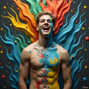 Paint Splat Fun - AI Photos of Hot men having fun with body paint. AI-generated abstract art featuring beautiful, handsome, sexy, shirtless, men, boys, lads, full of excitement joy and fun, covered in body paint, dynamic, interactive, Combining elements of realism with surreal abstract qualities, showcasing the potential of AI, in artistic expression. Photos of guys, just smiling, happy, and having a good time. Most of them are smiling because a paint bomb just blow up next to them, so I'm calling is Abstract Art. When paint attacks and makes people happy, it's Art!