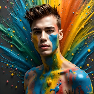 Paint Splat Fun - AI Photos of Hot men having fun with body paint. AI-generated abstract art featuring beautiful, handsome, sexy, shirtless, men, boys, lads, full of excitement joy and fun, covered in body paint, dynamic, interactive, Combining elements of realism with surreal abstract qualities, showcasing the potential of AI, in artistic expression. Photos of guys, just smiling, happy, and having a good time. Most of them are smiling because a paint bomb just blow up next to them, so I'm calling is Abstract Art. When paint attacks and makes people happy, it's Art!