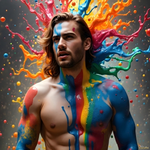 Paint Splat Fun - AI Photos of Hot men having fun with body paint. AI-generated abstract art featuring beautiful, handsome, sexy, shirtless, men, boys, lads, full of excitement joy and fun, covered in body paint, dynamic, interactive, Combining elements of realism with surreal abstract qualities, showcasing the potential of AI, in artistic expression. Photos of guys, just smiling, happy, and having a good time. Most of them are smiling because a paint bomb just blow up next to them, so I'm calling is Abstract Art. When paint attacks and makes people happy, it's Art!